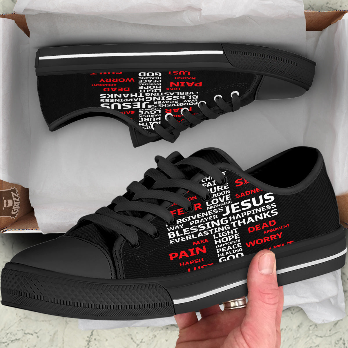 Religious Words Christian Cross Print Black Low Top Shoes-grizzshop