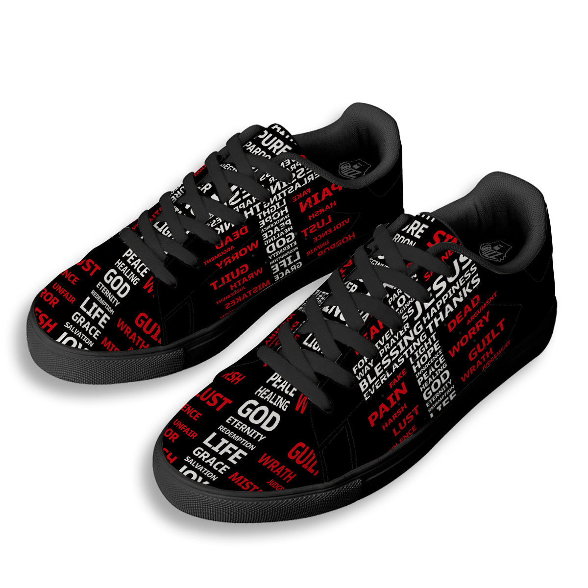 Religious Words Christian Cross Print Black Low Top Sneakers-grizzshop