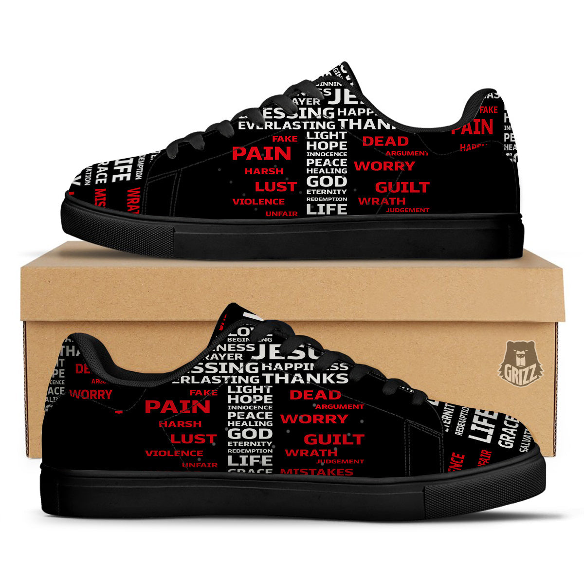 Religious Words Christian Cross Print Black Low Top Sneakers-grizzshop
