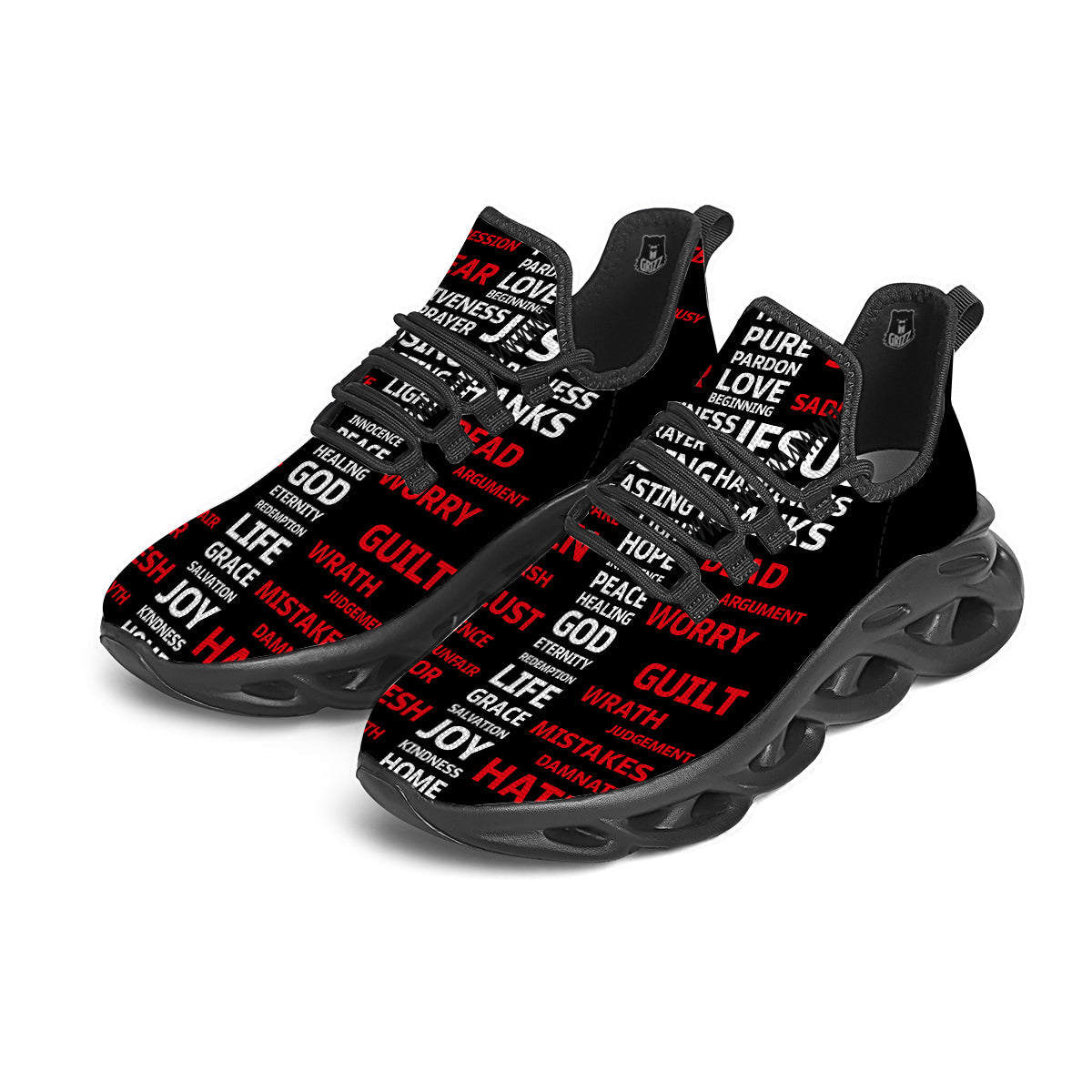 Religious Words Christian Cross Print Black Running Shoes-grizzshop