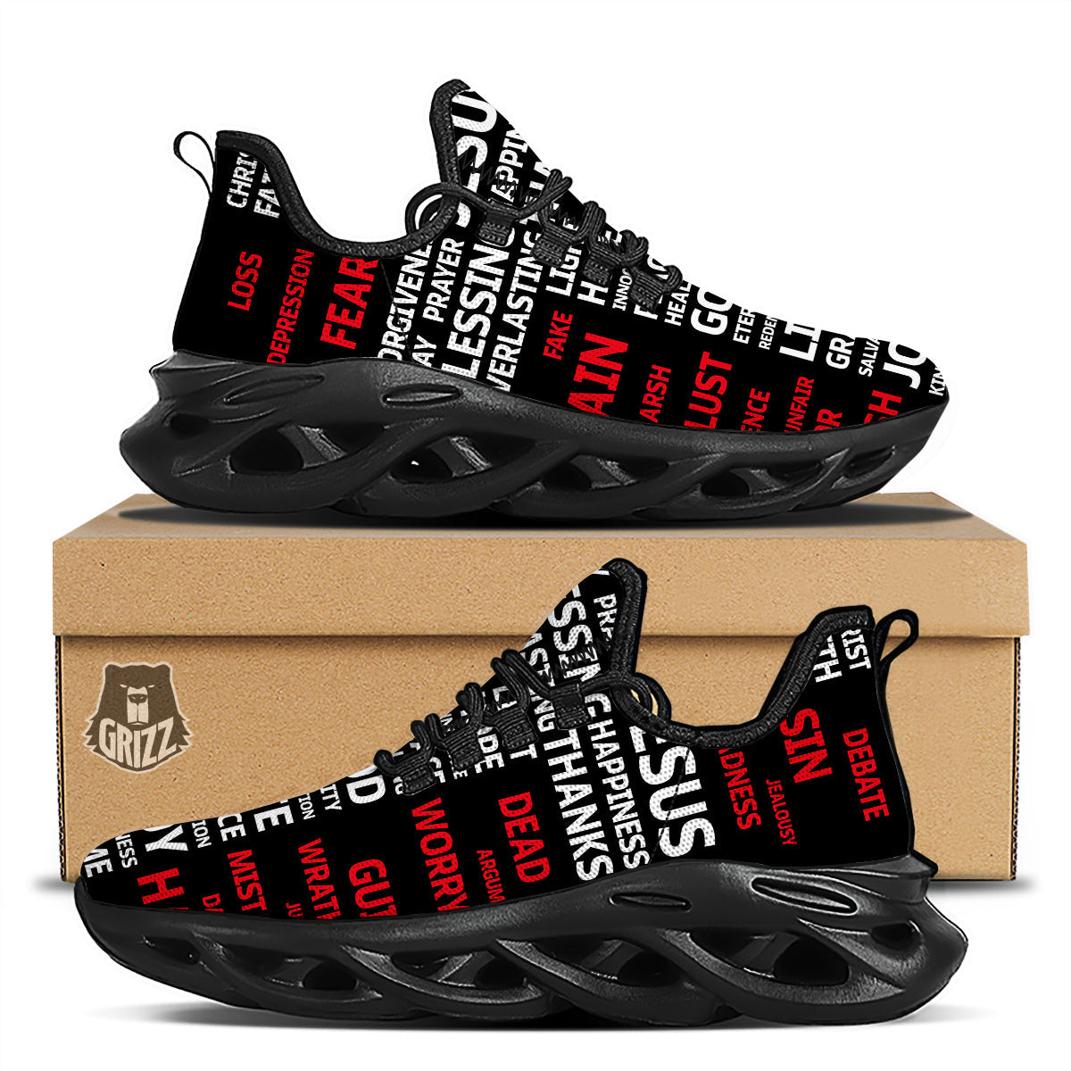 Religious Words Christian Cross Print Black Running Shoes-grizzshop