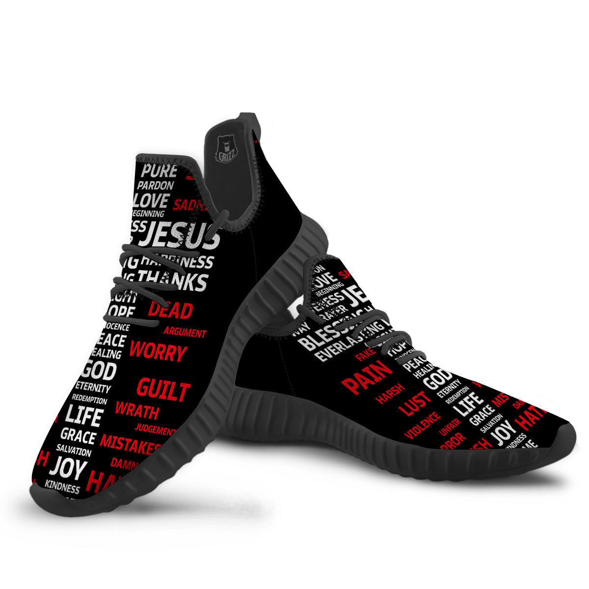 Religious Words Christian Cross Print Black Walking Shoes-grizzshop
