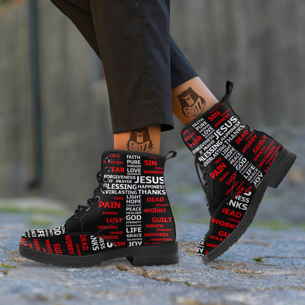 Religious Words Christian Cross Print Leather Boots-grizzshop