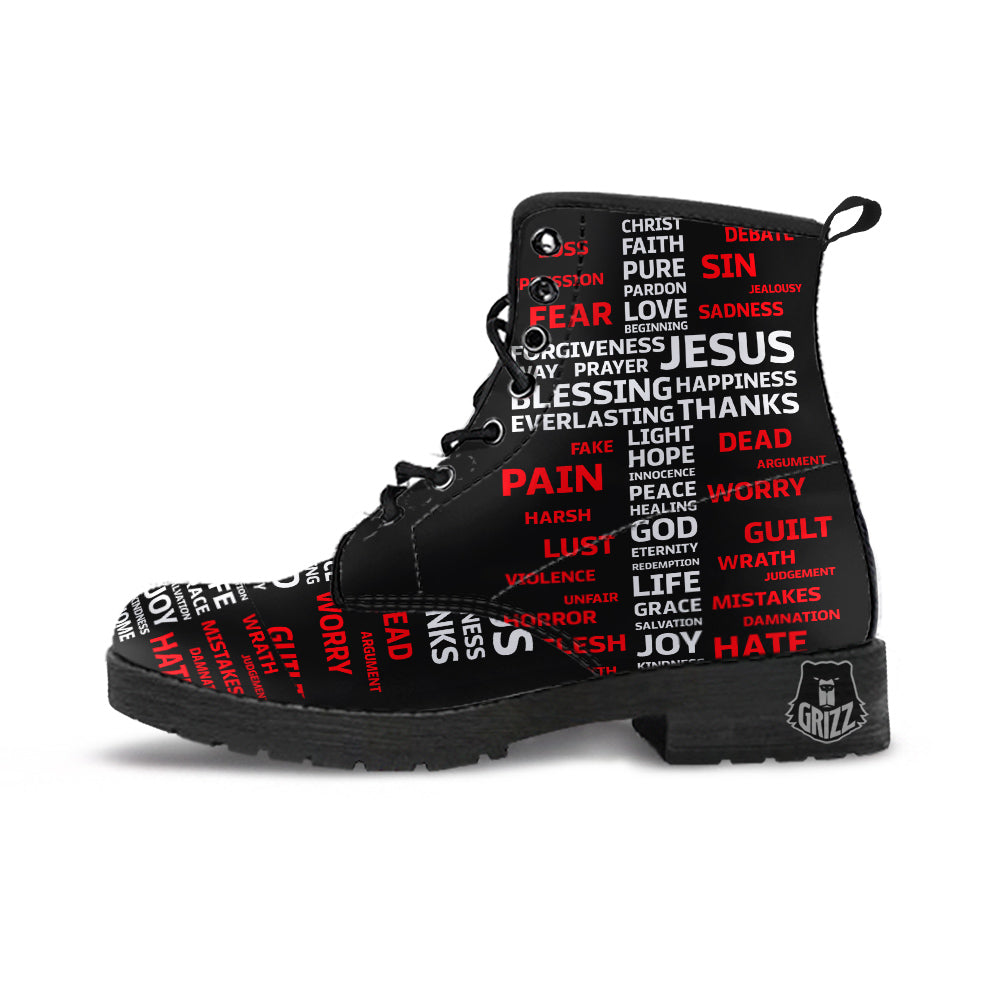 Religious Words Christian Cross Print Leather Boots-grizzshop