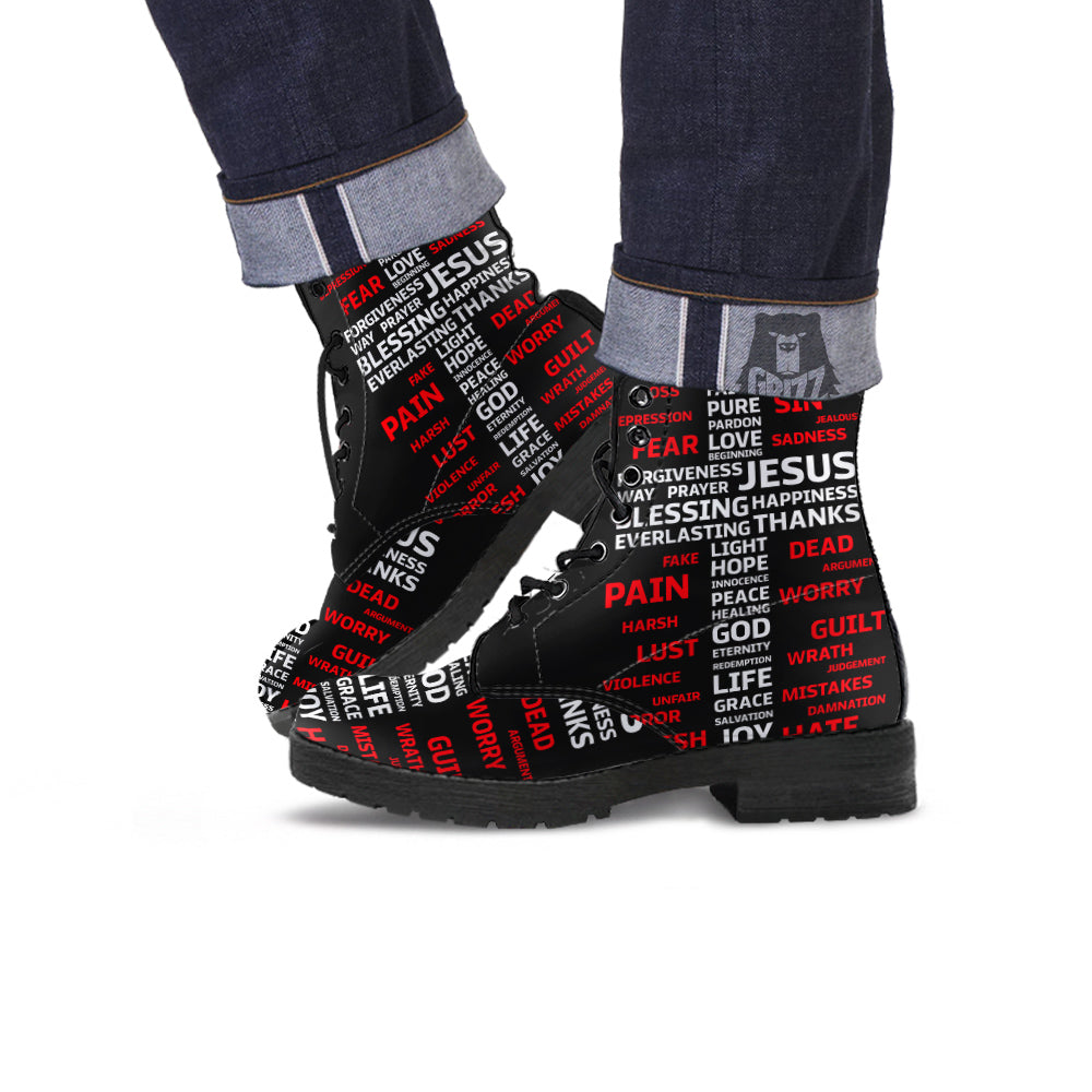 Religious Words Christian Cross Print Leather Boots-grizzshop