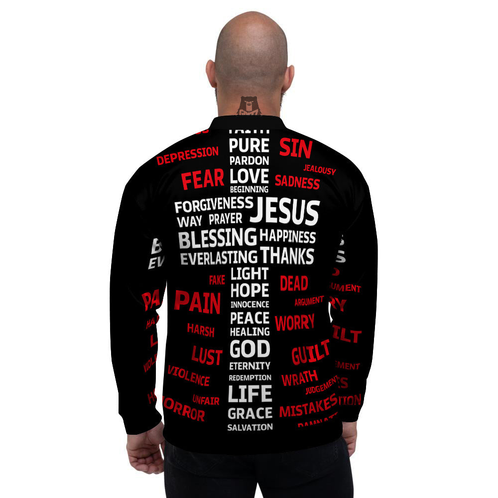 Religious Words Christian Cross Print Men's Bomber Jacket-grizzshop