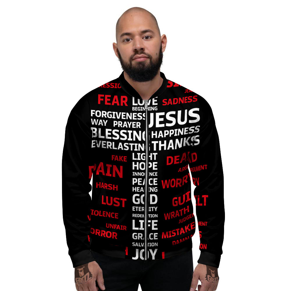 Religious Words Christian Cross Print Men's Bomber Jacket-grizzshop