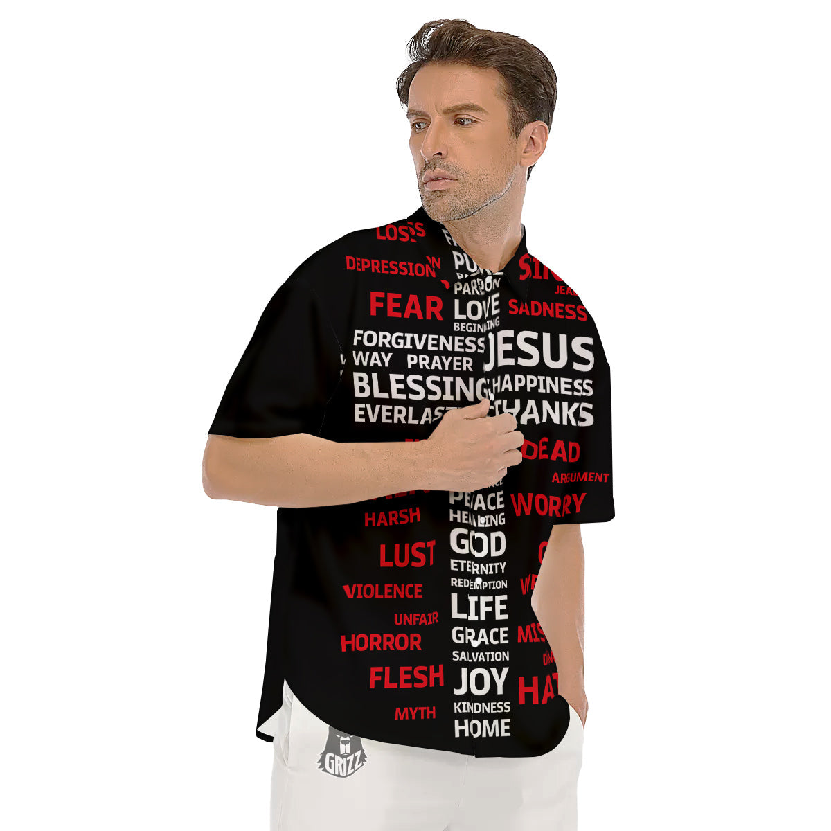 Religious Words Christian Cross Print Men's Short Sleeve Shirts-grizzshop