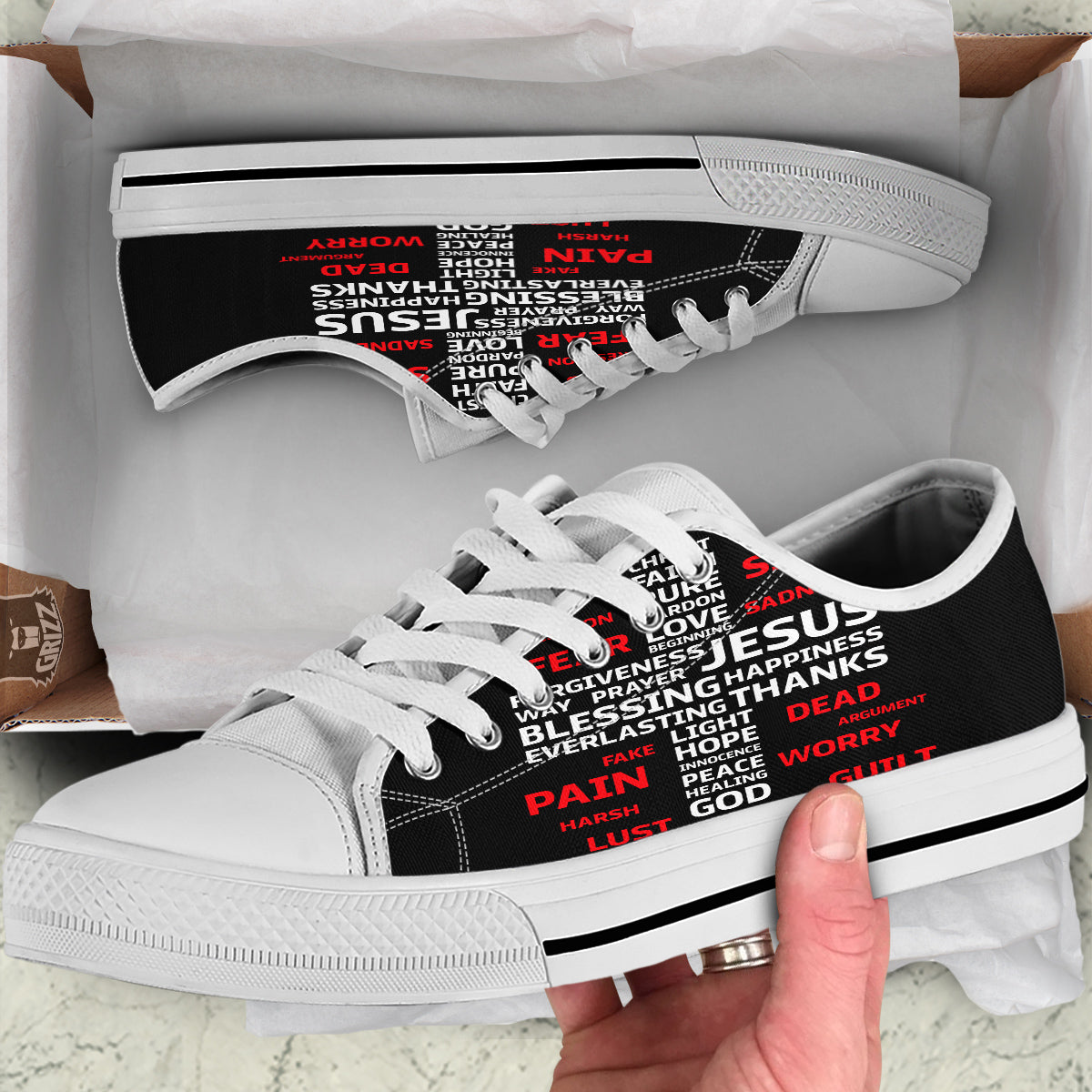 Religious Words Christian Cross Print White Low Top Shoes-grizzshop