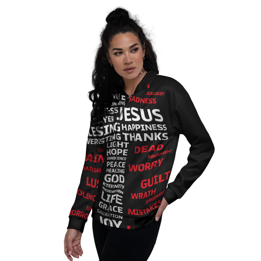 Religious Words Christian Cross Print Women's Bomber Jacket-grizzshop