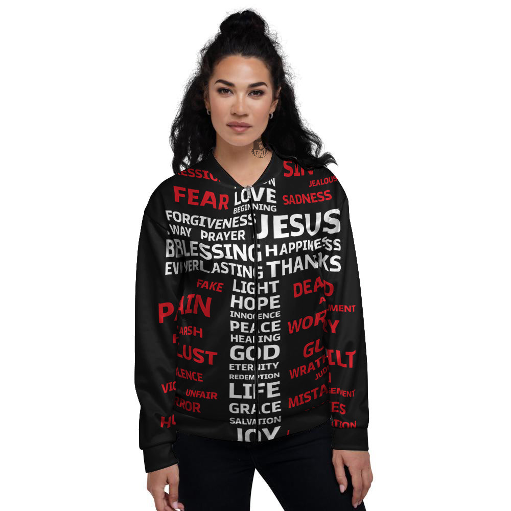 Religious Words Christian Cross Print Women's Bomber Jacket-grizzshop