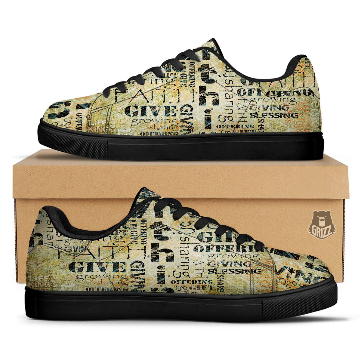 Religious Words Tithing And Giving Print Black Low Top Sneakers-grizzshop