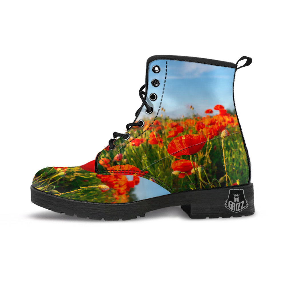 Remembrance Poppy Day Print Leather Boots-grizzshop