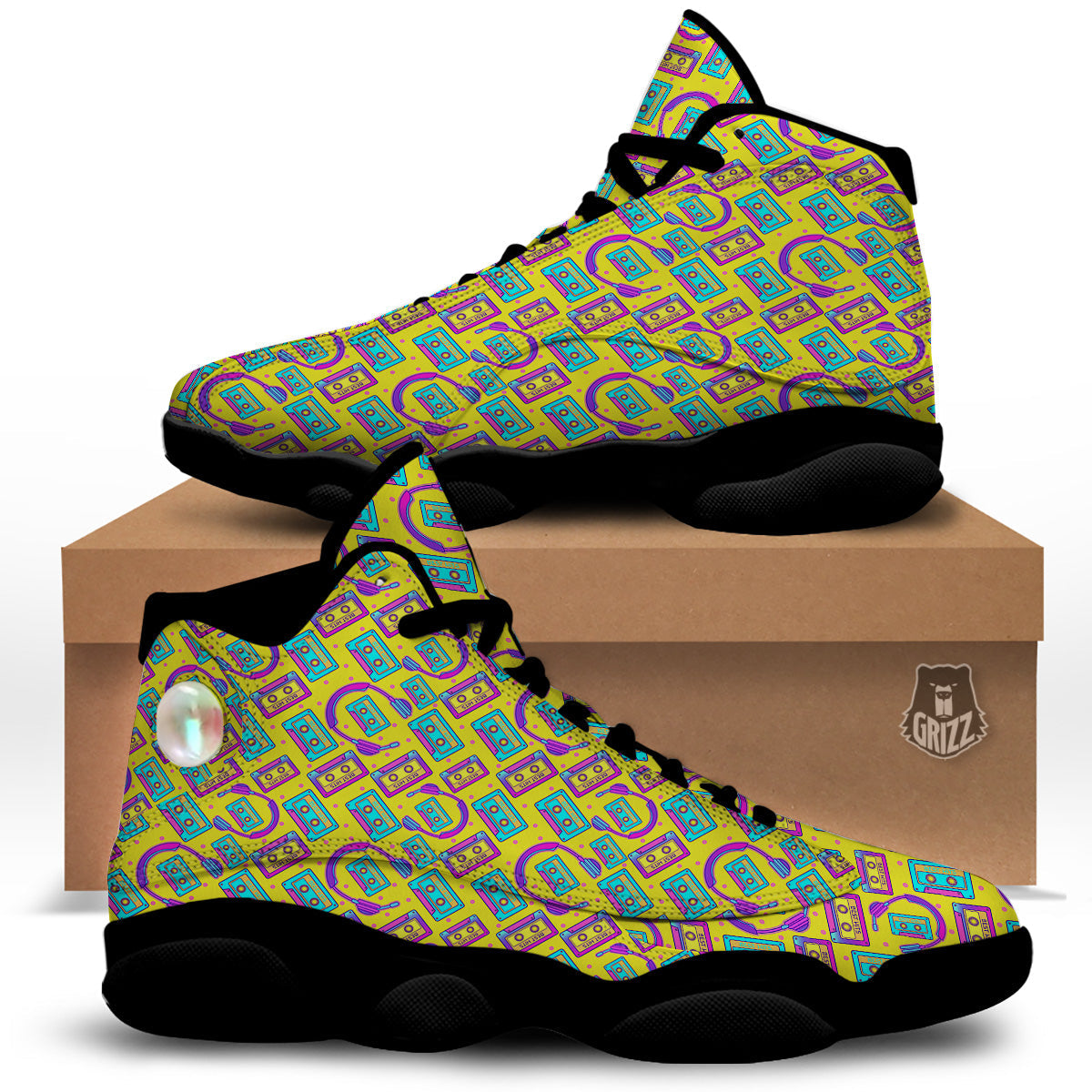 Retro Cassette And Earphones Print Pattern Black Basketball Shoes-grizzshop