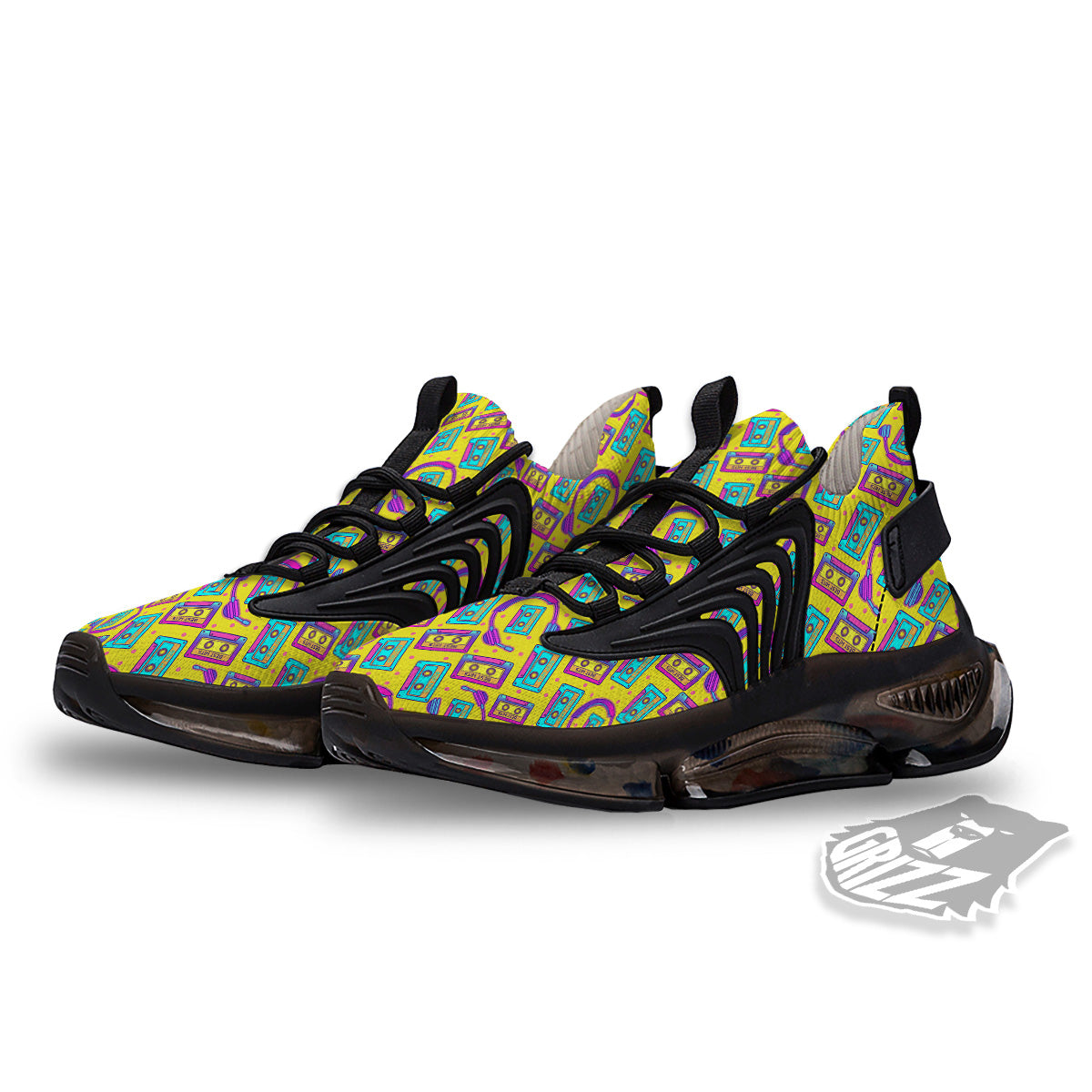 Retro Cassette And Earphones Print Pattern Black Gym Shoes-grizzshop