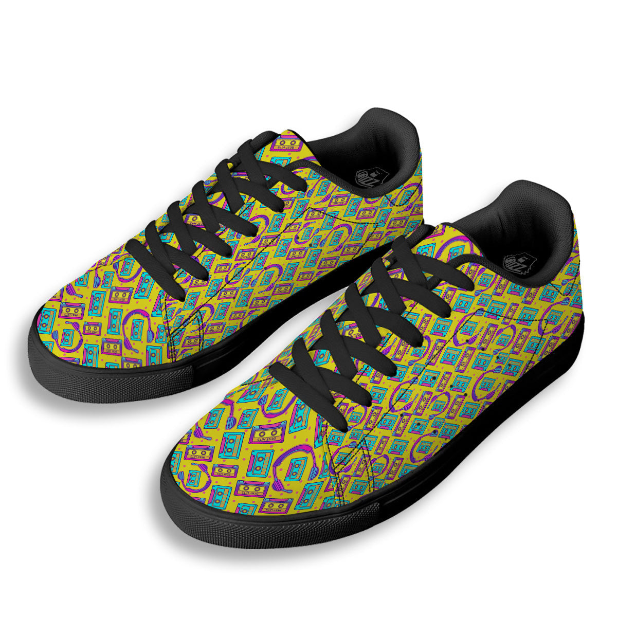 Retro Cassette And Earphones Print Pattern Black Low Top Sneakers-grizzshop
