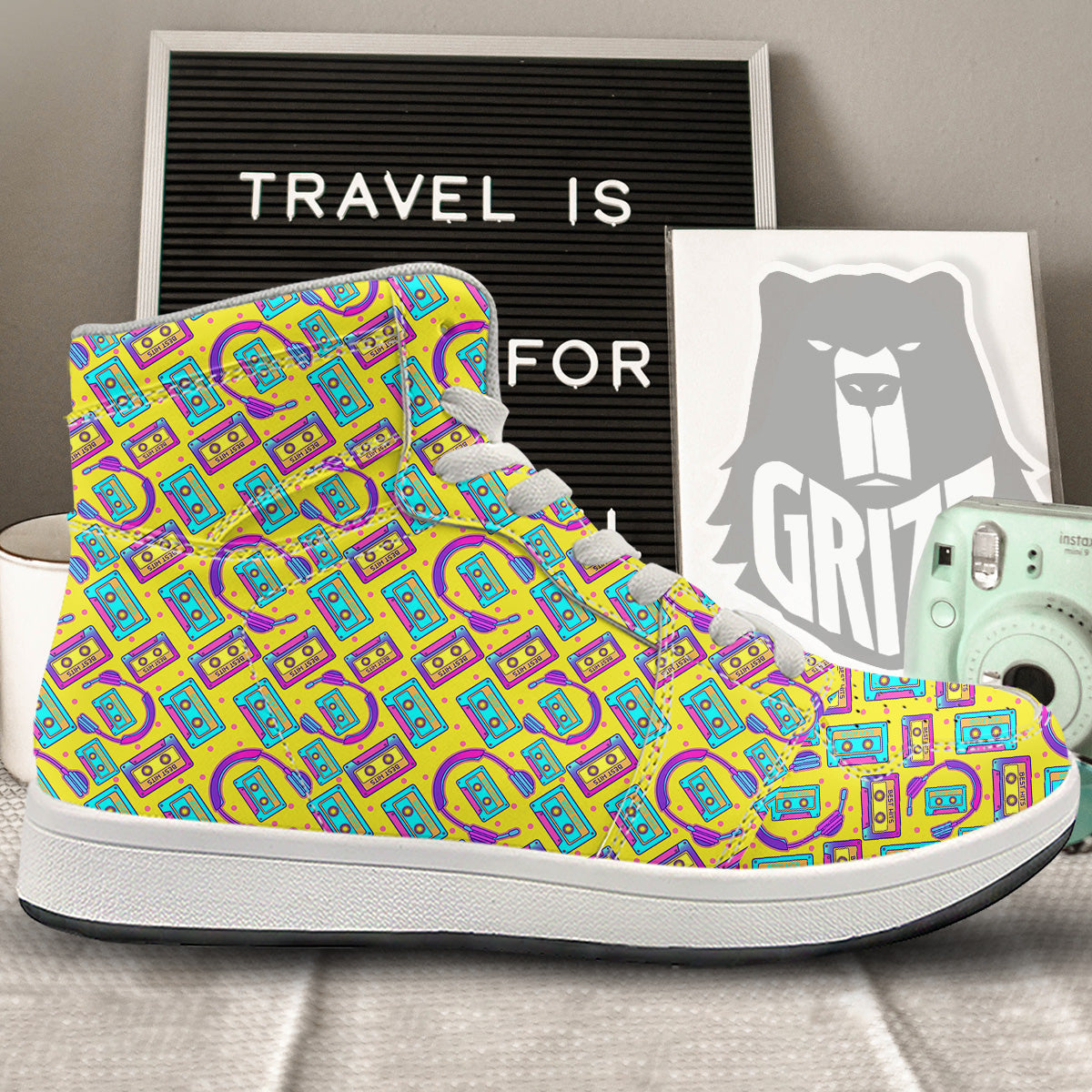 Retro Cassette And Earphones Print Pattern High Top Sneakers-grizzshop