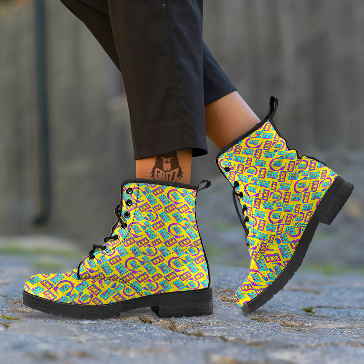 Retro Cassette And Earphones Print Pattern Leather Boots-grizzshop