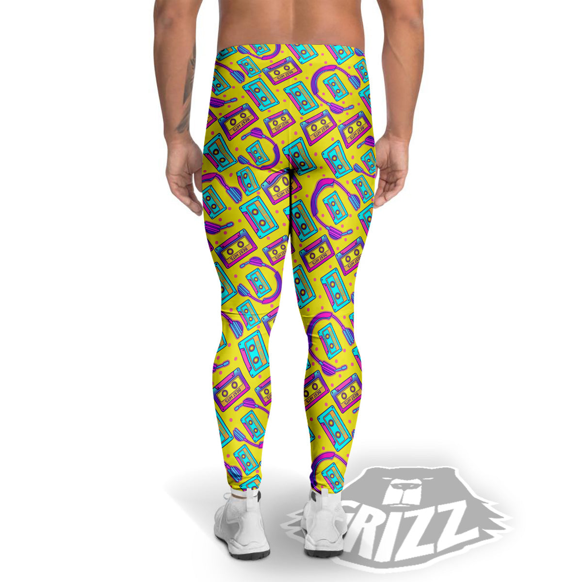 Retro Cassette And Earphones Print Pattern Men's Leggings-grizzshop