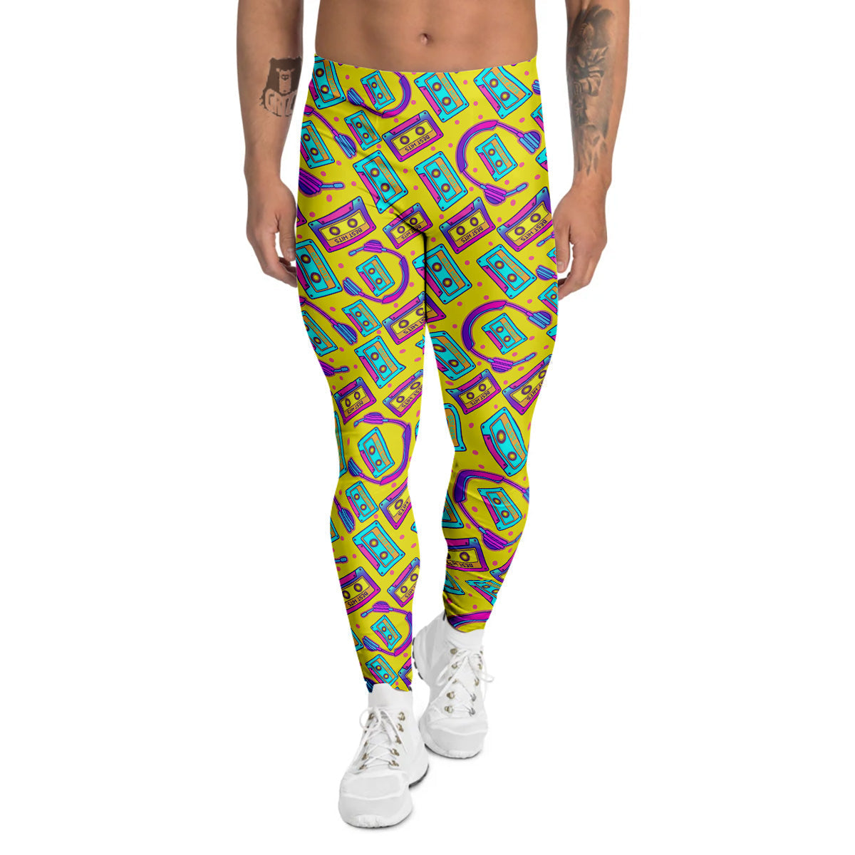 Retro Cassette And Earphones Print Pattern Men's Leggings-grizzshop