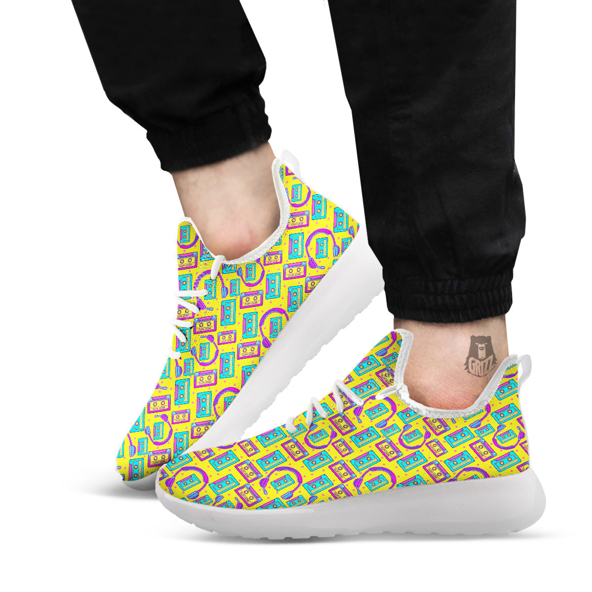 Retro Cassette And Earphones Print Pattern White Athletic Shoes-grizzshop