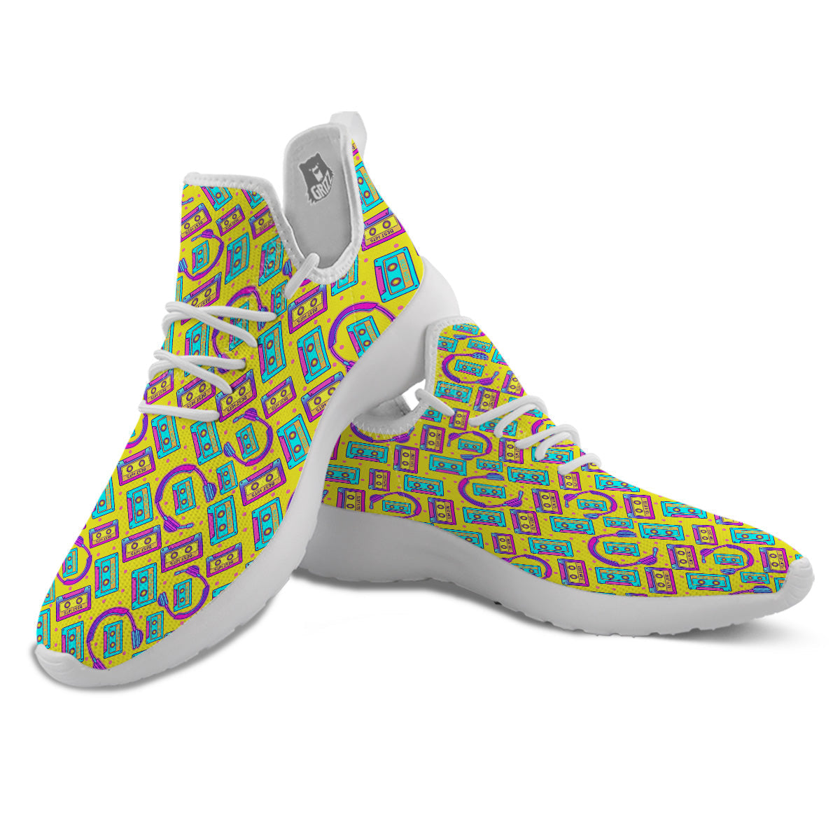 Retro Cassette And Earphones Print Pattern White Athletic Shoes-grizzshop