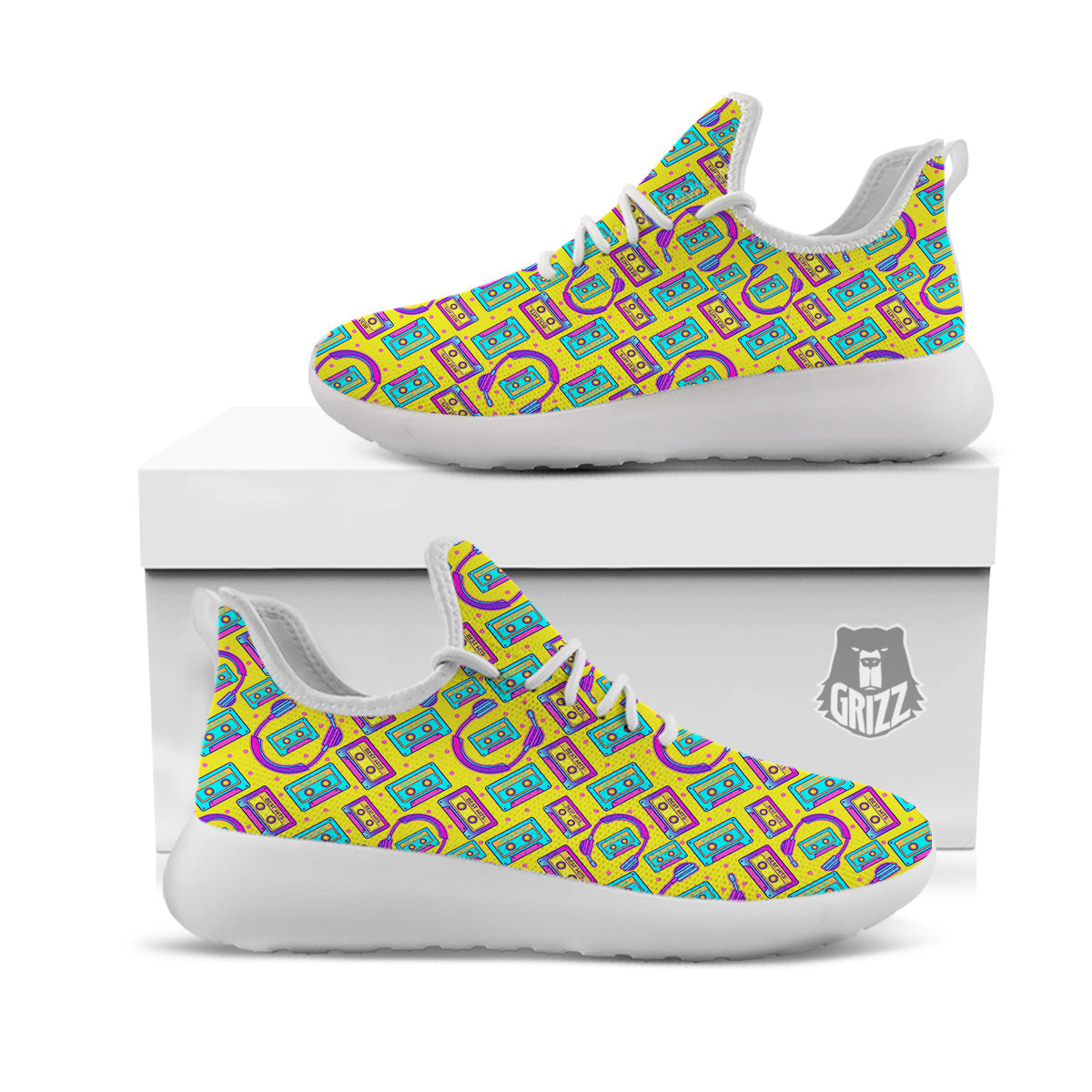 Retro Cassette And Earphones Print Pattern White Athletic Shoes-grizzshop