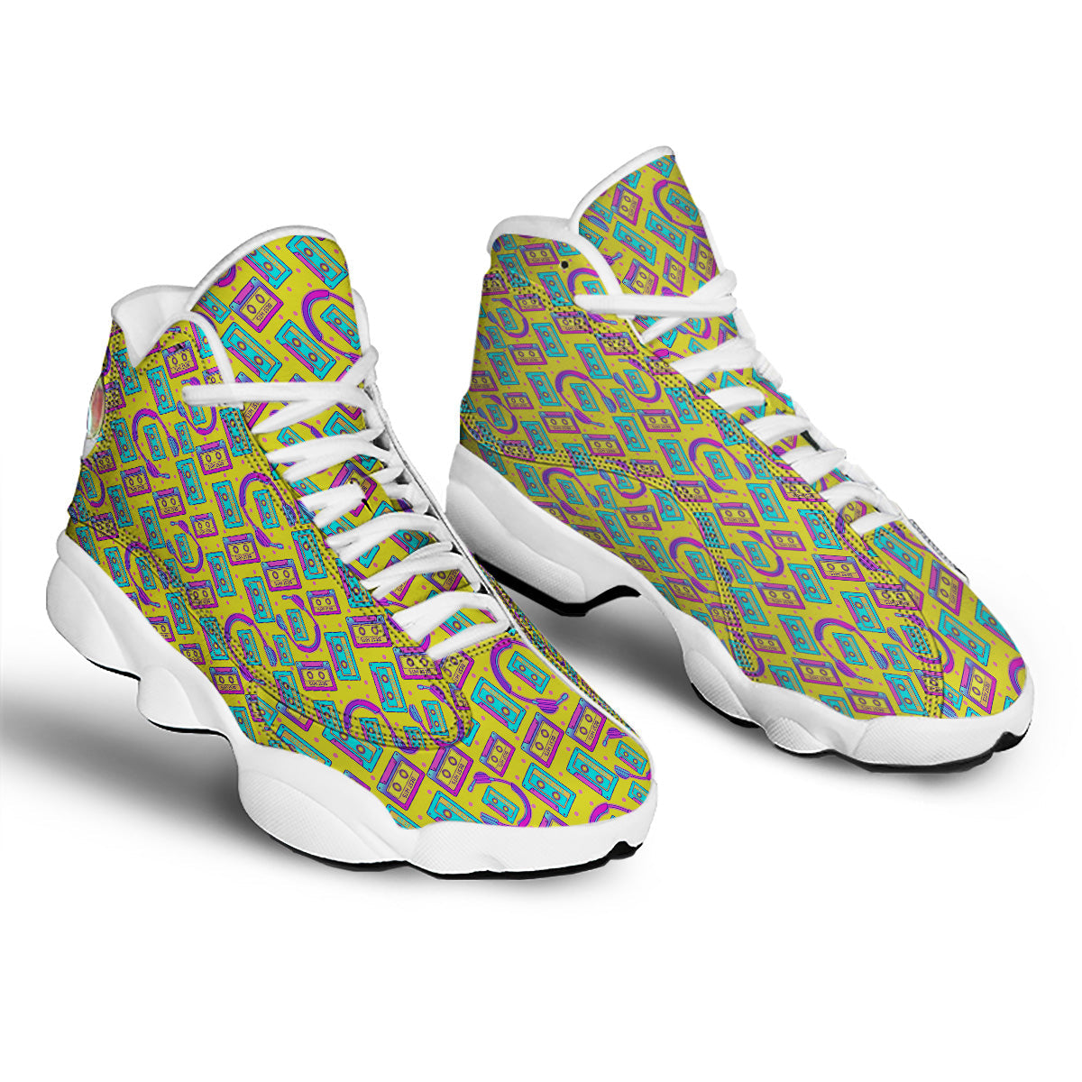 Retro Cassette And Earphones Print Pattern White Basketball Shoes-grizzshop