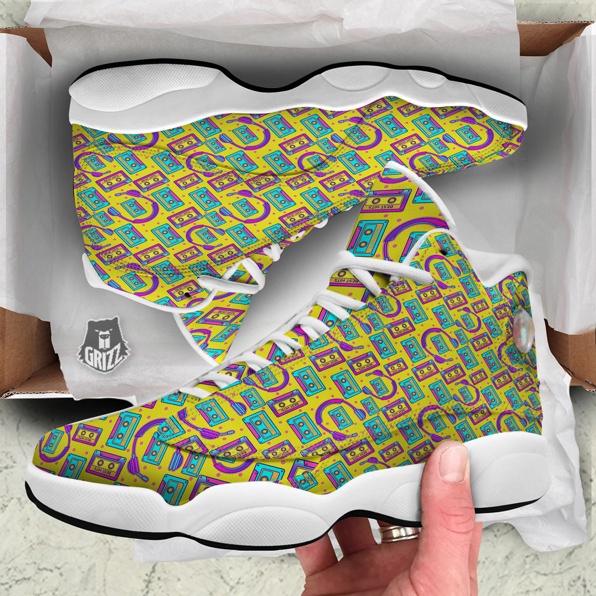 Retro Cassette And Earphones Print Pattern White Basketball Shoes-grizzshop