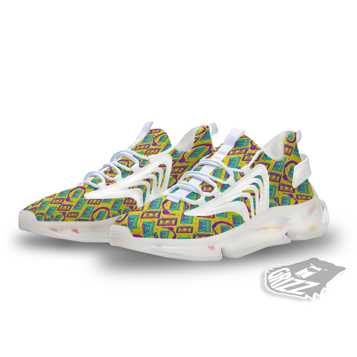 Retro Cassette And Earphones Print Pattern White Gym Shoes-grizzshop