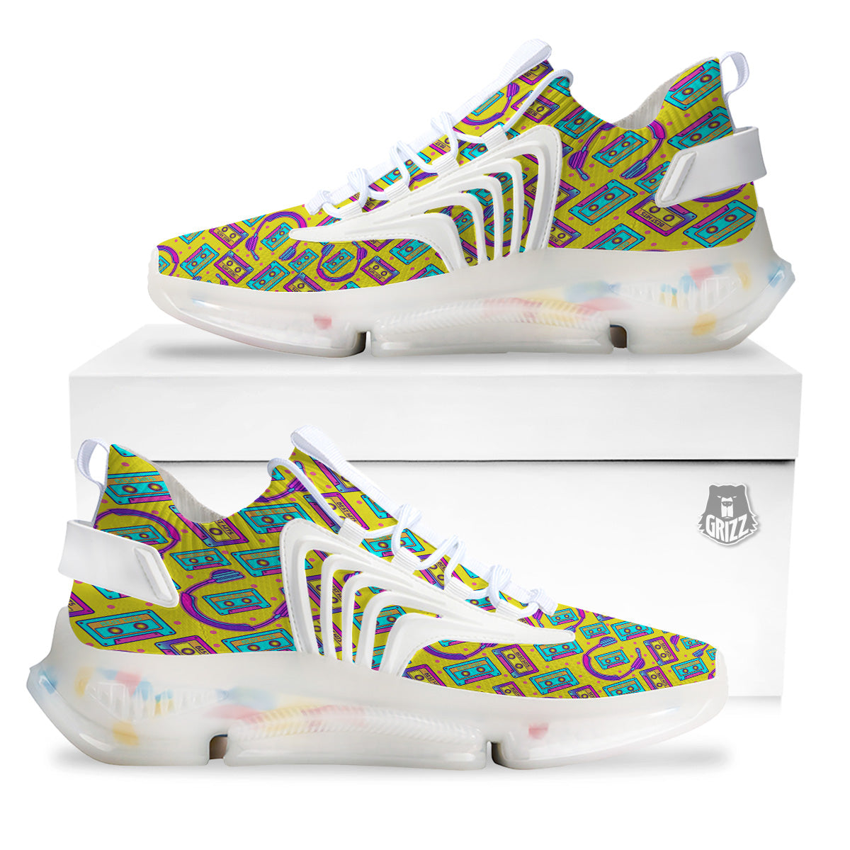Retro Cassette And Earphones Print Pattern White Gym Shoes-grizzshop