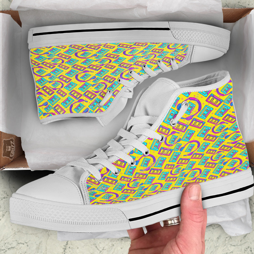 Retro Cassette And Earphones Print Pattern White High Top Shoes-grizzshop