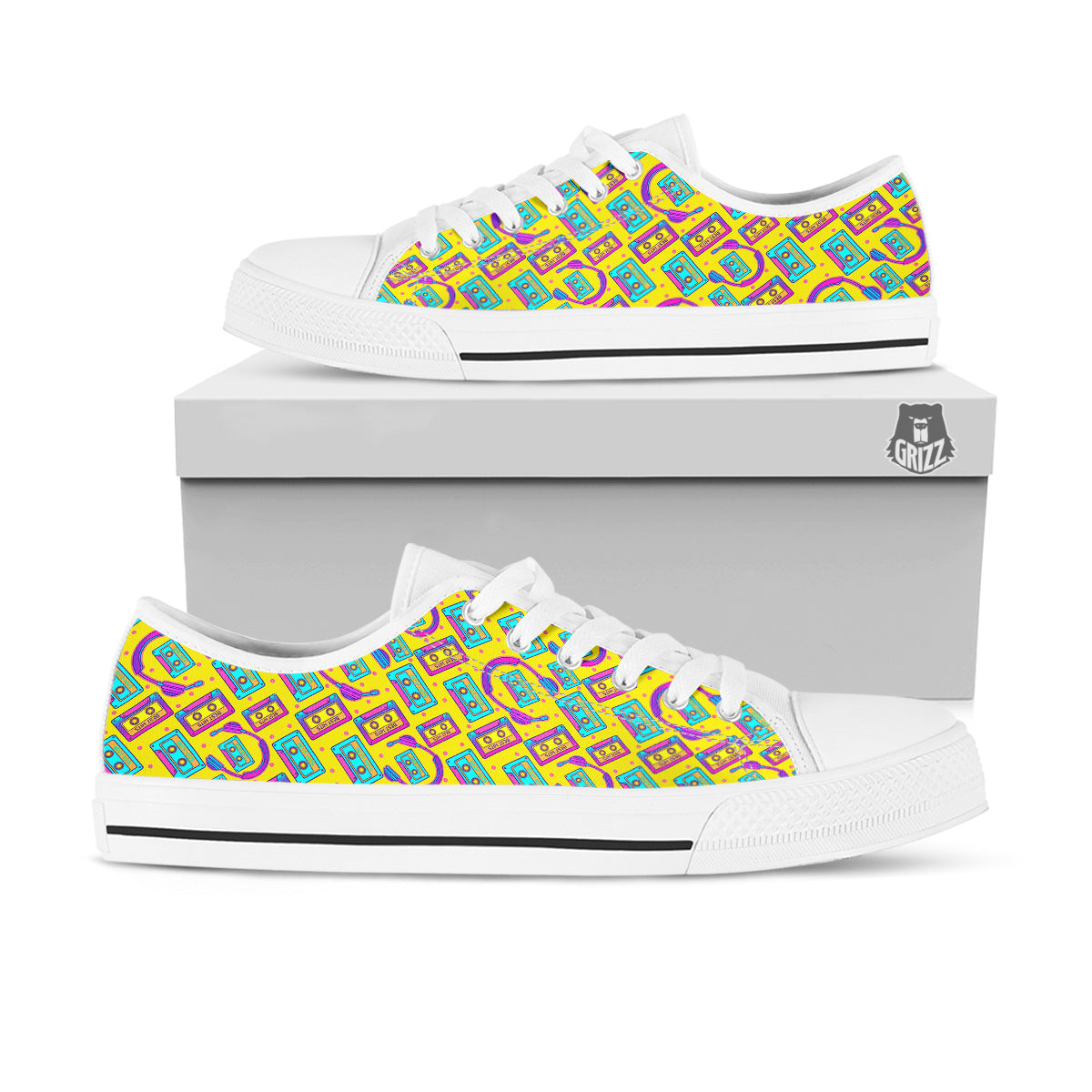 Retro Cassette And Earphones Print Pattern White Low Top Shoes-grizzshop