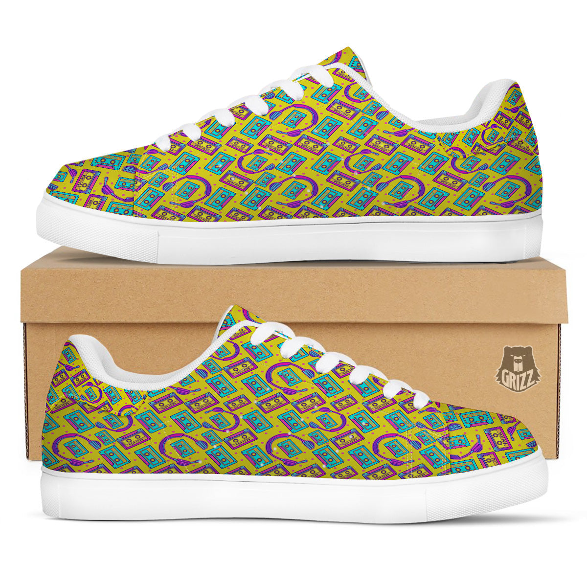 Retro Cassette And Earphones Print Pattern White Low Top Sneakers-grizzshop