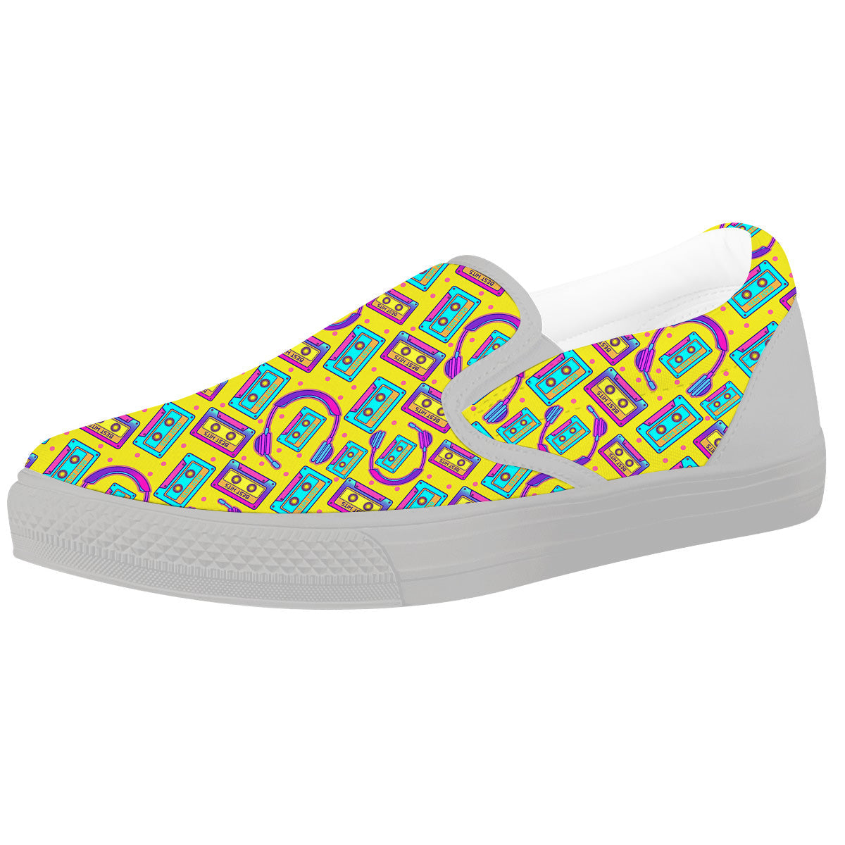 Retro Cassette And Earphones Print Pattern White Slip On Shoes-grizzshop