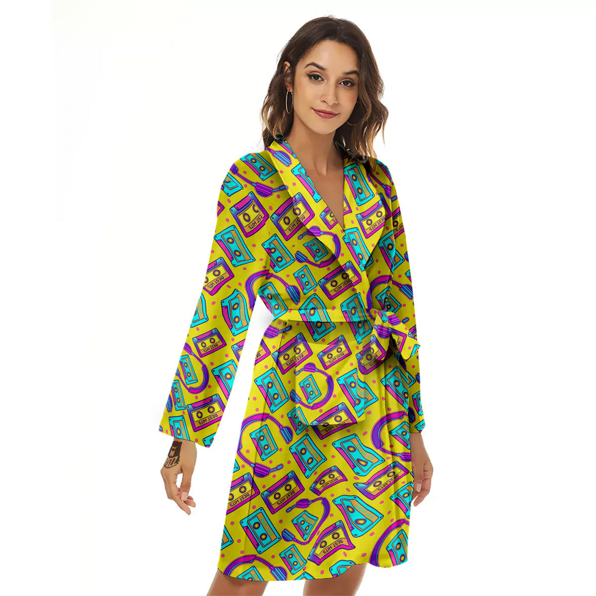Retro Cassette And Earphones Print Pattern Women's Robe-grizzshop