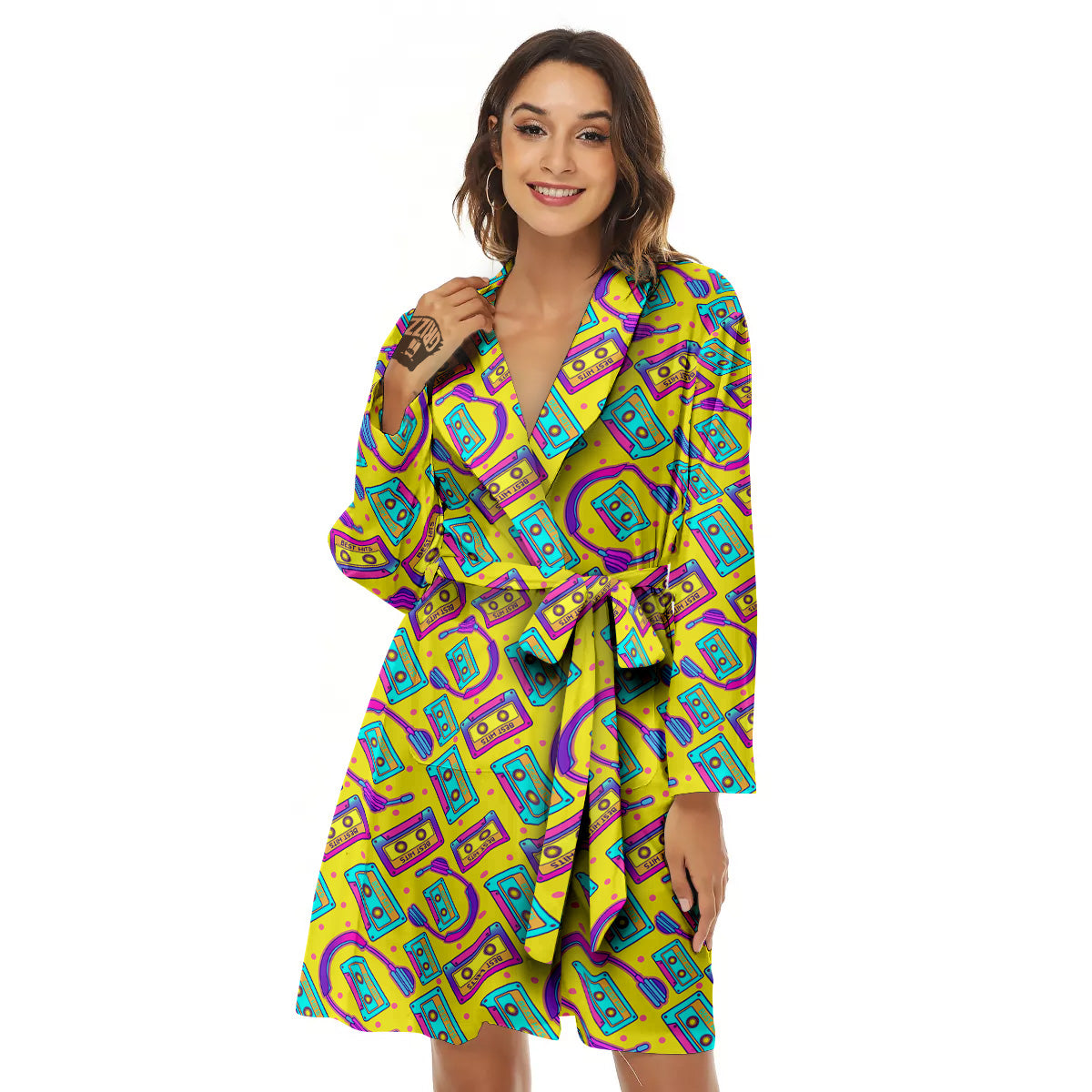 Retro Cassette And Earphones Print Pattern Women's Robe-grizzshop