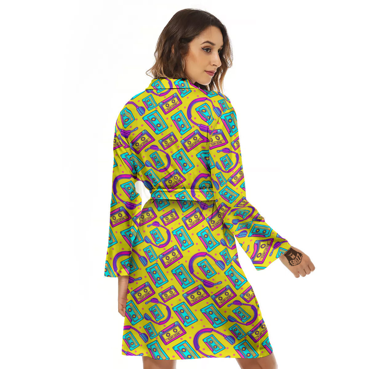 Retro Cassette And Earphones Print Pattern Women's Robe-grizzshop