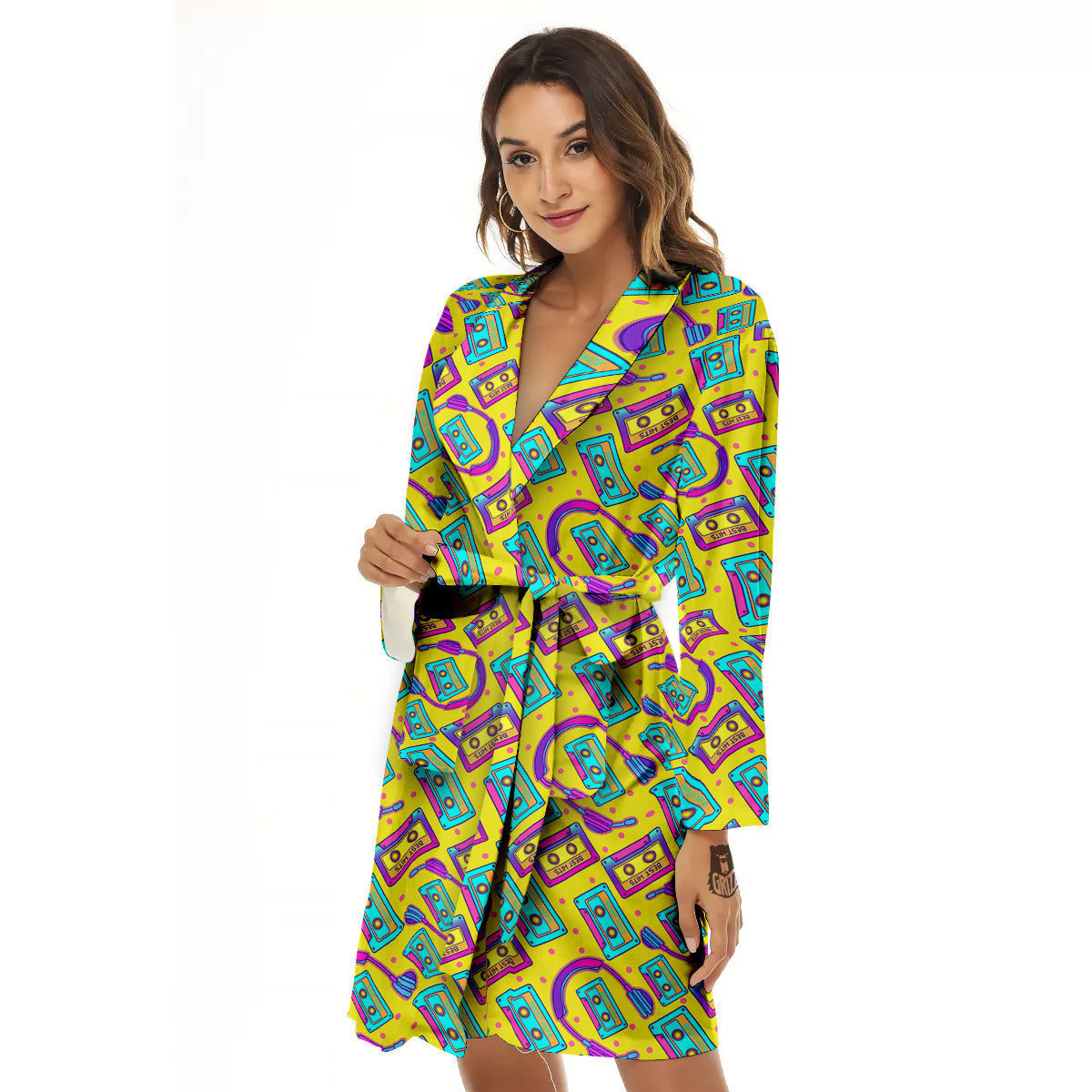 Retro Cassette And Earphones Print Pattern Women's Robe-grizzshop