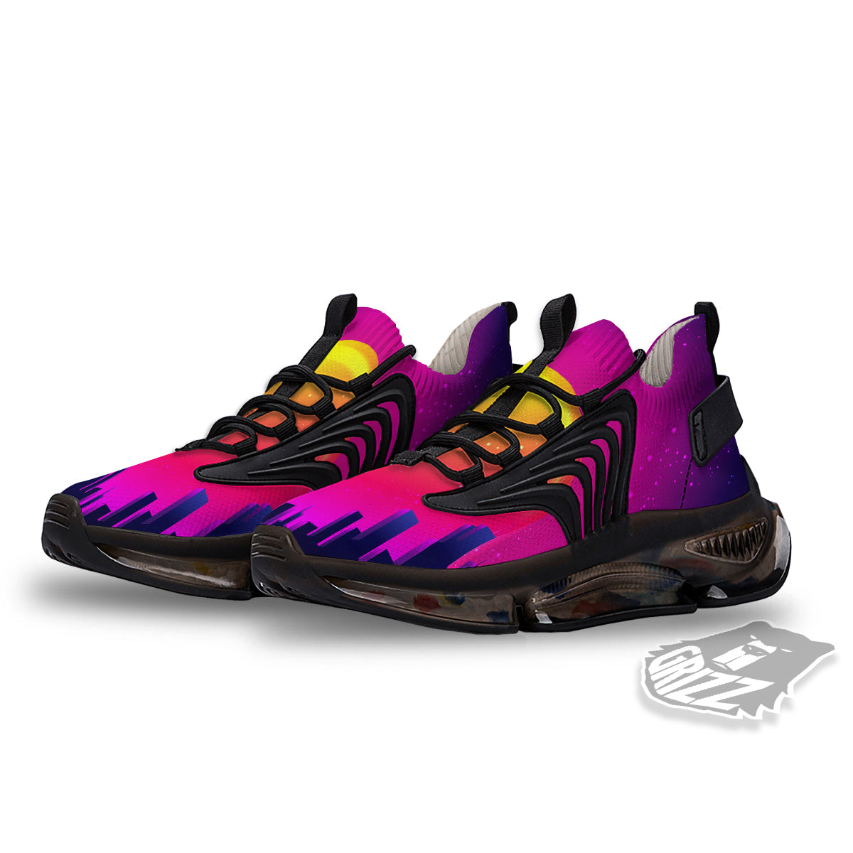 Retro City Sunrise Print Black Gym Shoes-grizzshop