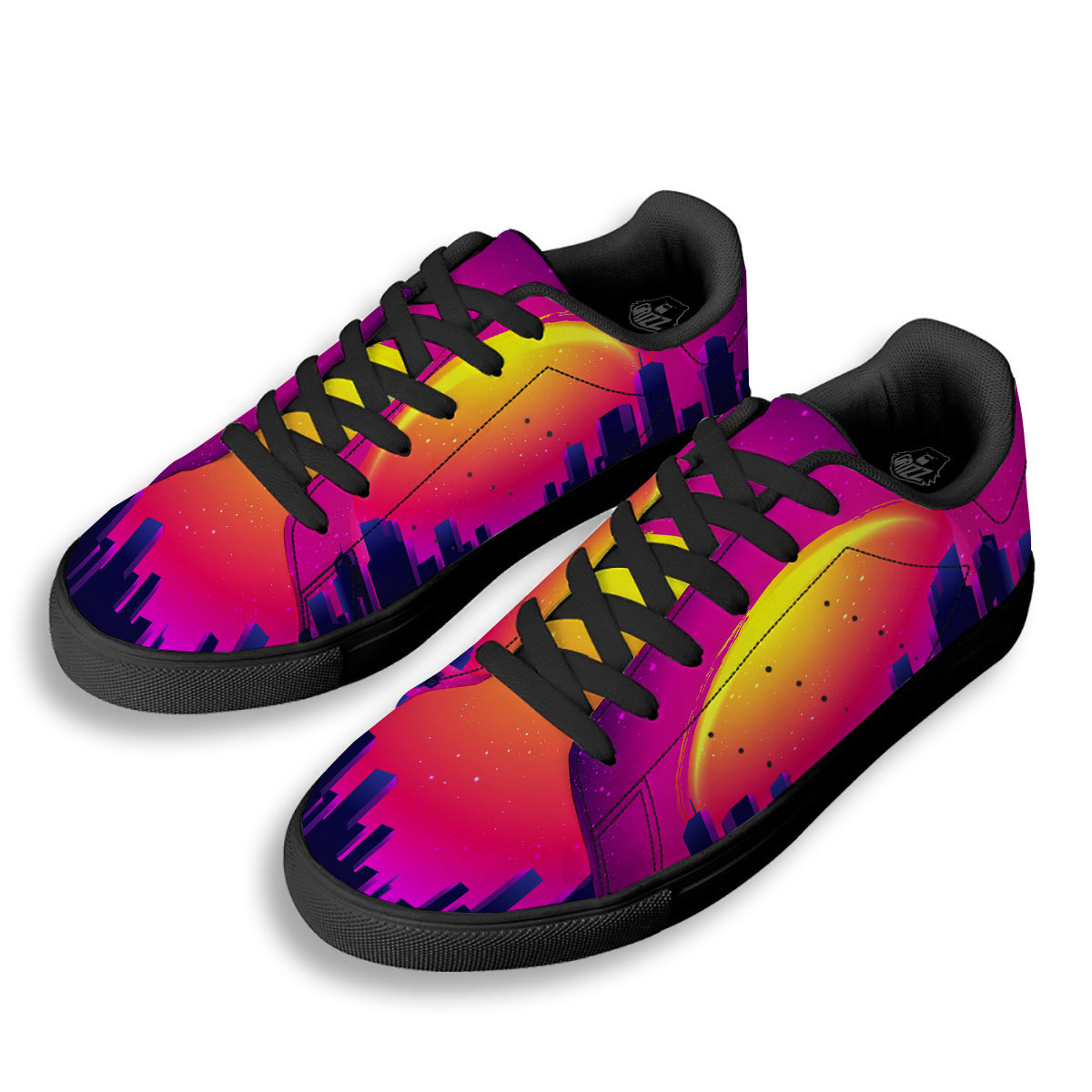 Retro City Sunrise Print Black Low Top Sneakers-grizzshop