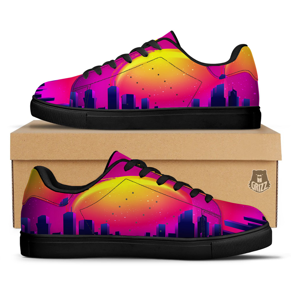 Retro City Sunrise Print Black Low Top Sneakers-grizzshop