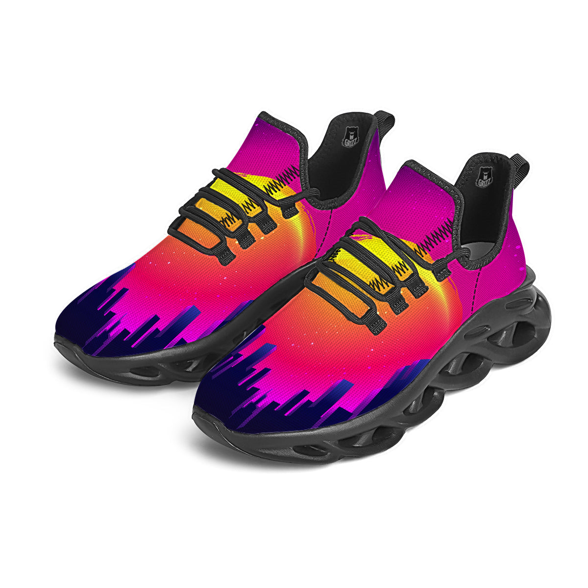 Retro City Sunrise Print Black Running Shoes-grizzshop