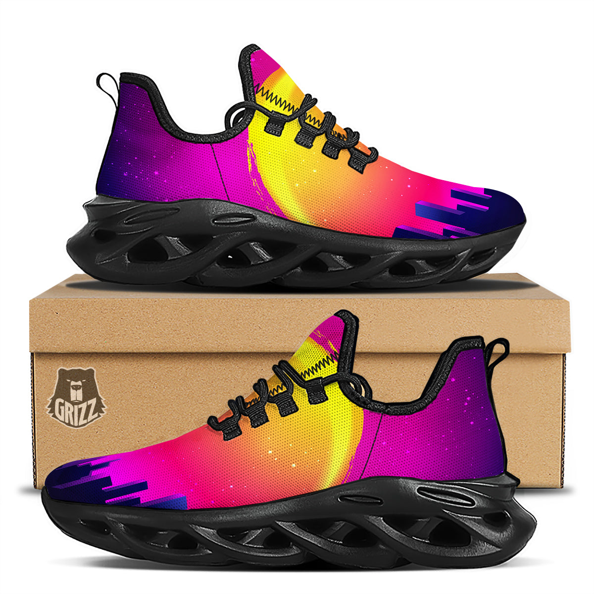 Retro City Sunrise Print Black Running Shoes-grizzshop