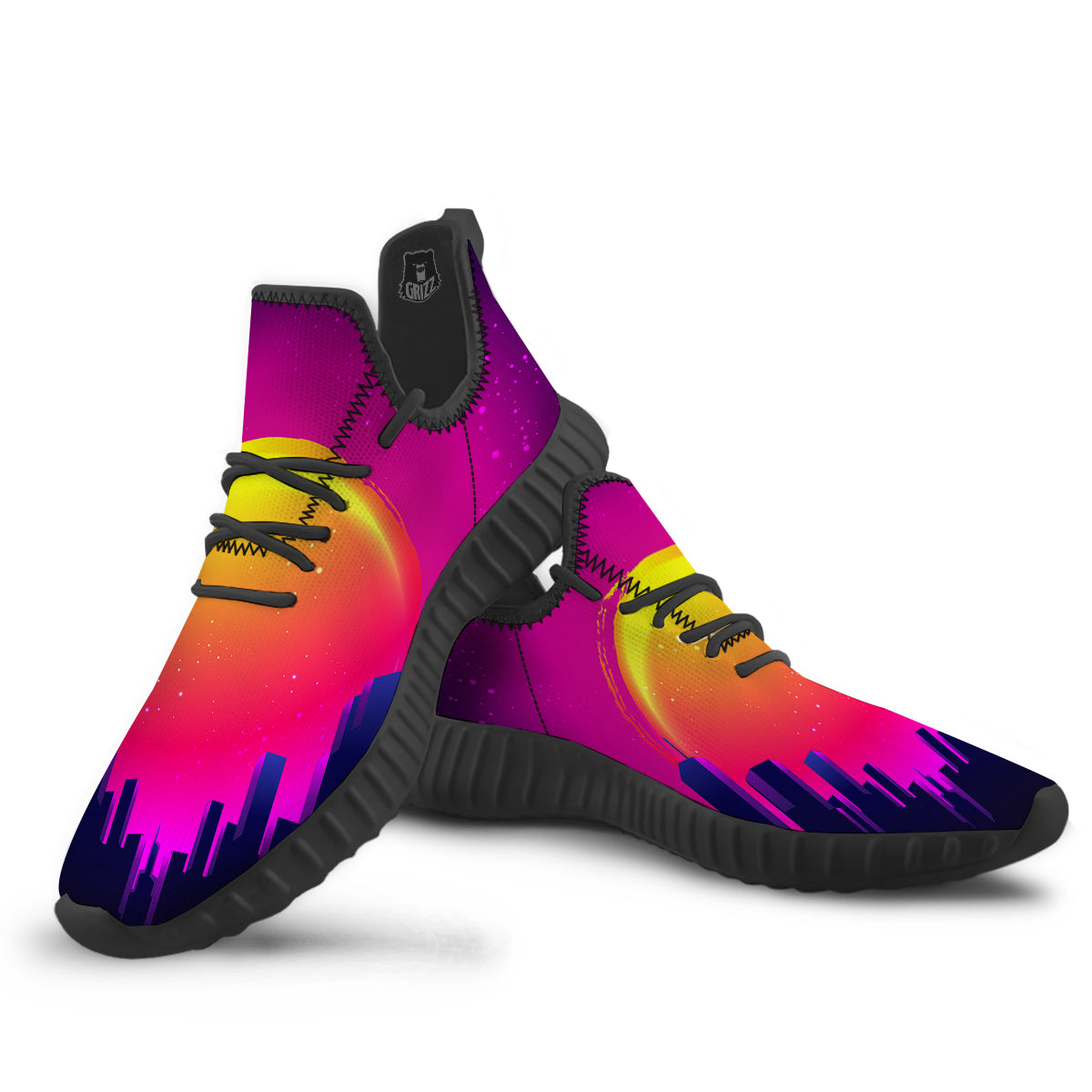 Retro City Sunrise Print Black Walking Shoes-grizzshop