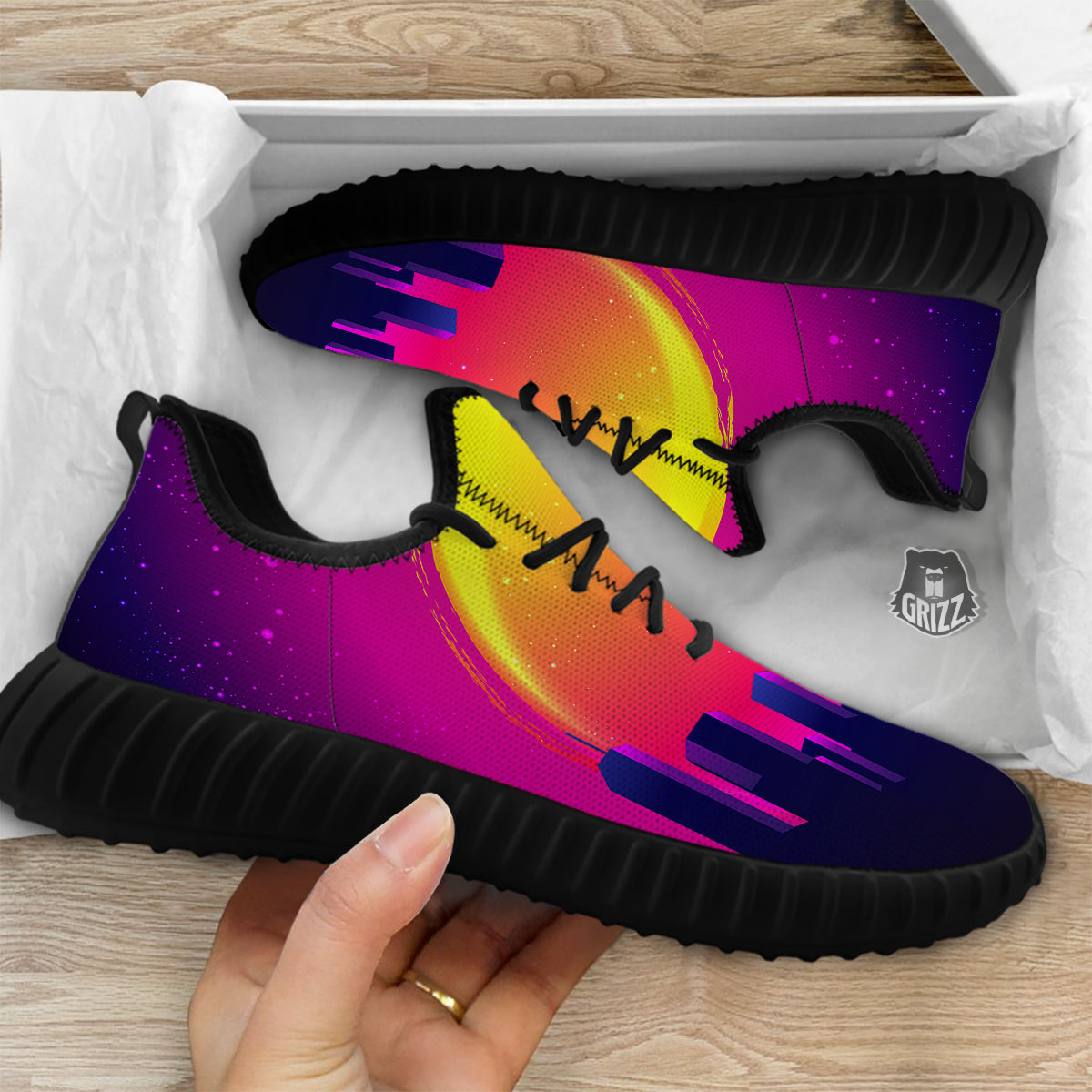 Retro City Sunrise Print Black Walking Shoes-grizzshop