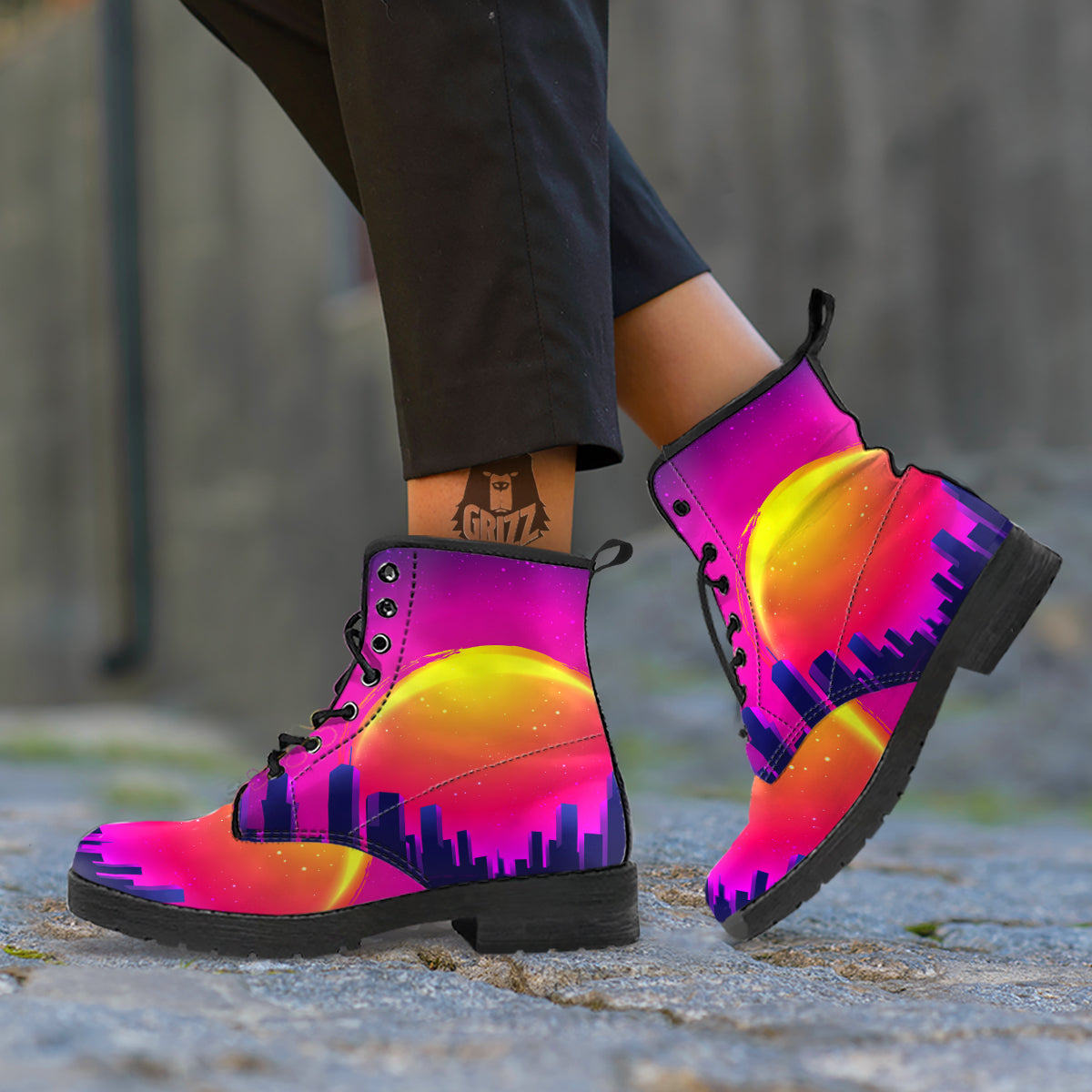 Retro City Sunrise Print Leather Boots-grizzshop