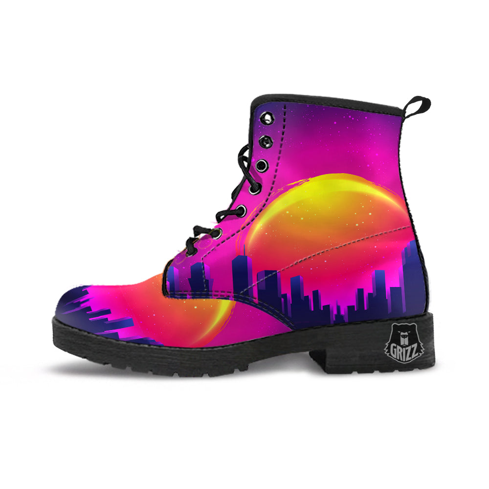 Retro City Sunrise Print Leather Boots-grizzshop