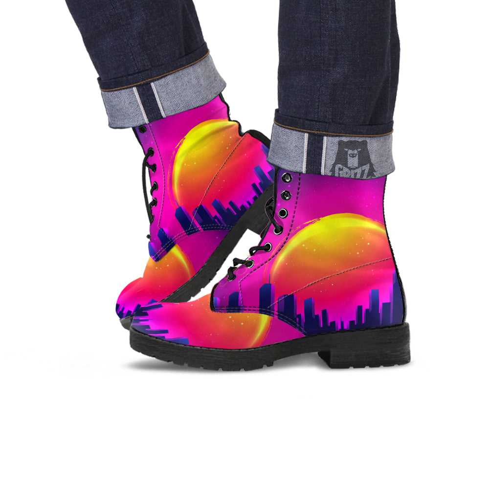 Retro City Sunrise Print Leather Boots-grizzshop