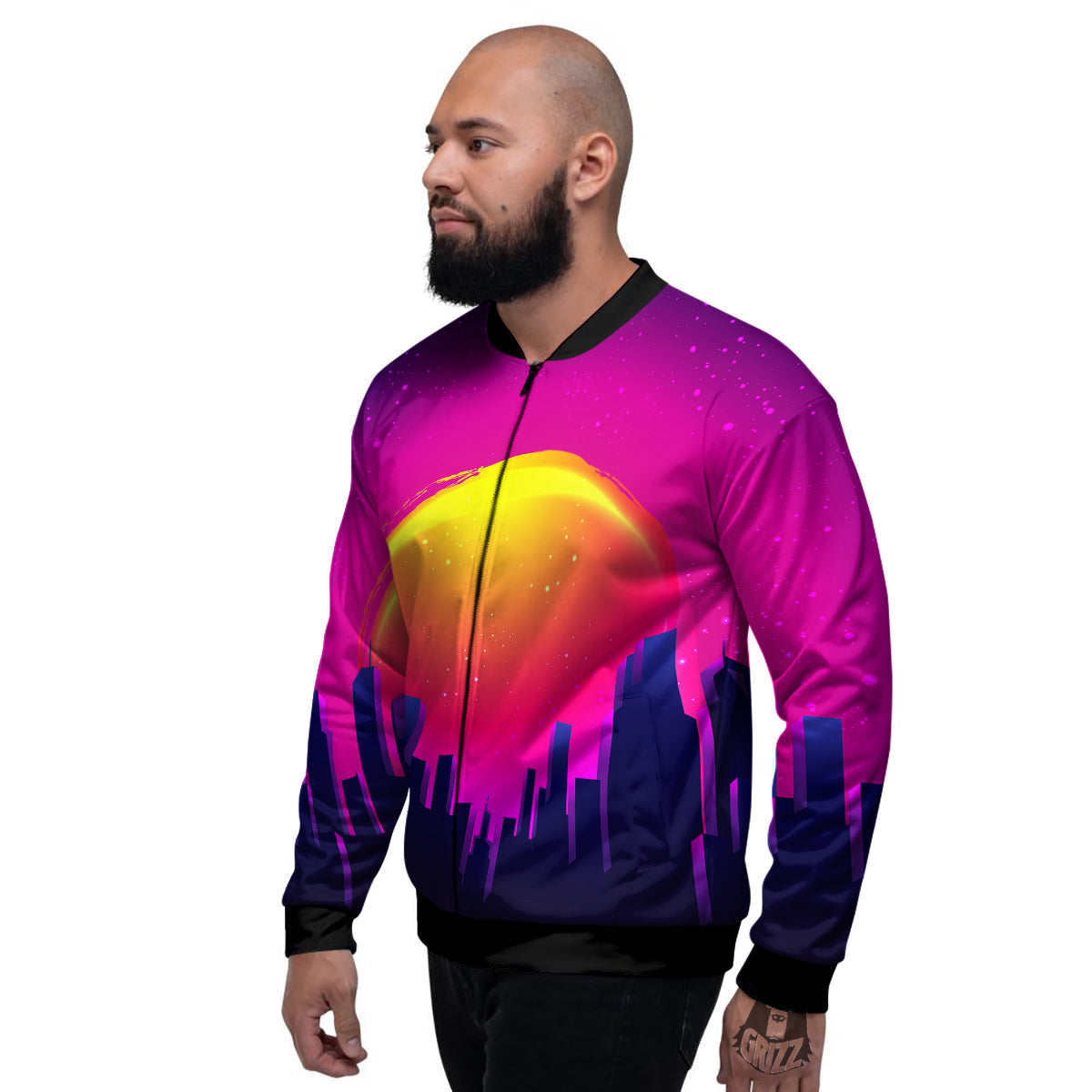 Retro City Sunrise Print Men's Bomber Jacket-grizzshop